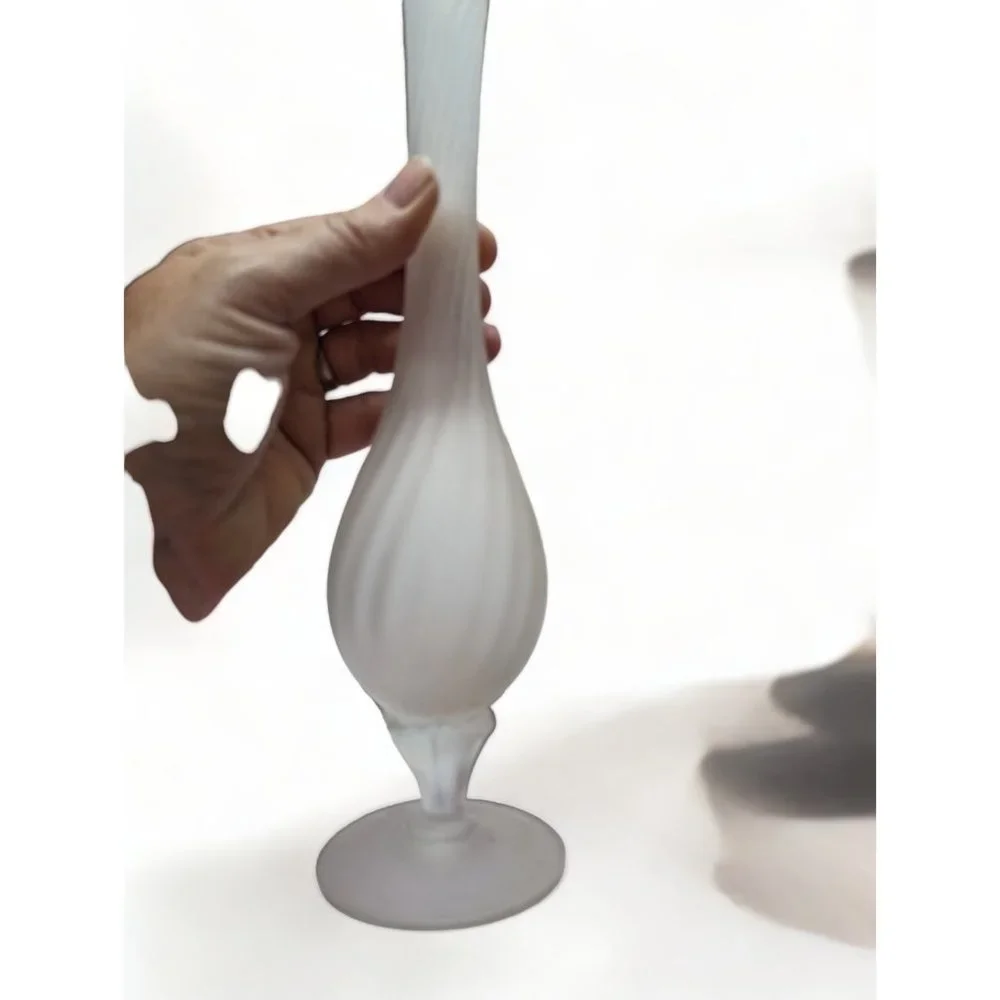 Vintage Satin Glass Pedestal Rib Swirl Bud Vase 10 3/4